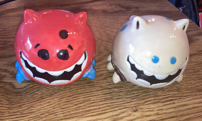 Vintage Ceramic Cute Weird Smiling Polka Dot  Creatures (2)  Red & White