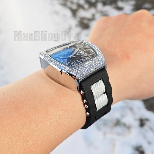 MEN'S WATCH LUXURY HIP HOP ICED SILICONE BAND SIMULATED DIAMOND BEZEL BLING - Picture 6 of 10