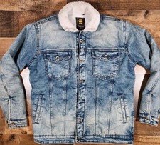 G-star Raw Denim Jacket Medium Blue Sherpa Lined Trucker Coat Faded Womens