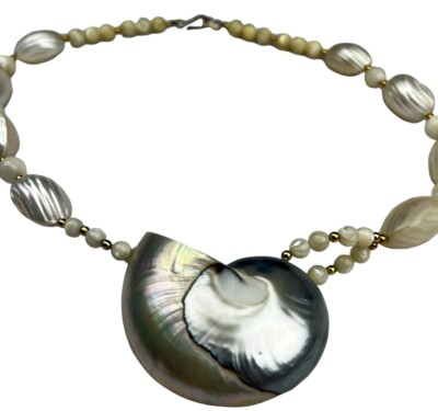 Vintage Half Nautilus Shell Beaded Pearlized Necklace Iridescent Ursula Costume