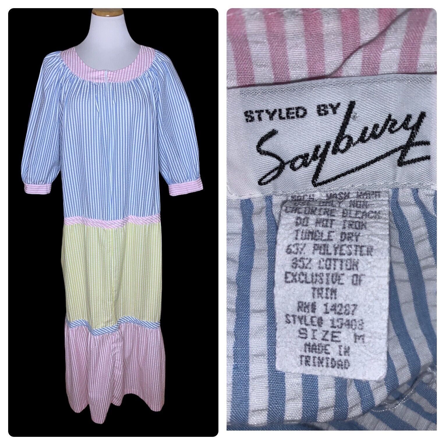VTG Saybury Half-Zip Striped House Dress Coat Robe Nightgown Seersucker Tiered Korzystna niska cena