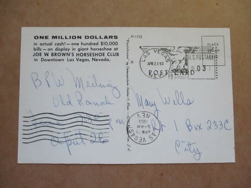 VINTAGE POST CARD "1960 JOE W, BROWN'S HORSESHOE CLUB 1 MILLION $" See Pics - Picture 2 of 2