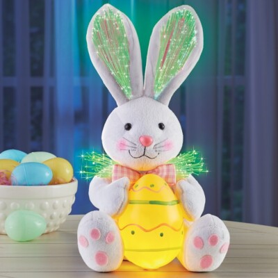 Color-Changing Fiber Optic Plush Easter Bunny w/ Egg Table Centerpiece