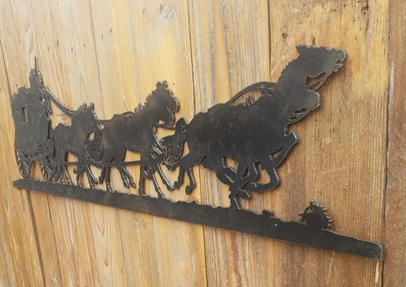 Silueta de diligencia con caballos/western/vaqueros/rancho/viejo oeste/letrero de metal Foto 3 de 4
