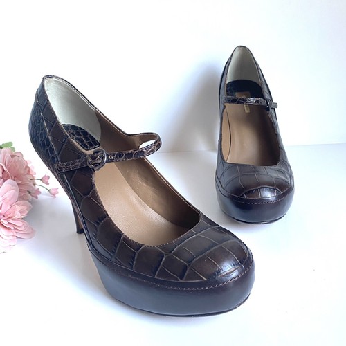 Max Studio Calla Brown Embossed Leather Mary Jane High Heel Pumps Women’s Sz 7.5