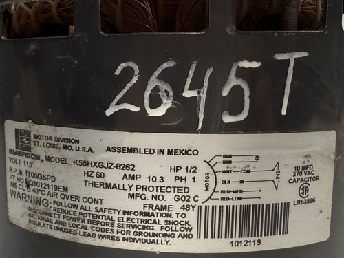 EMERSON K55HXGJZ-8262 Blower Motor 1/2HP 115V 1100RPM 3SPD - Picture 2 of 3