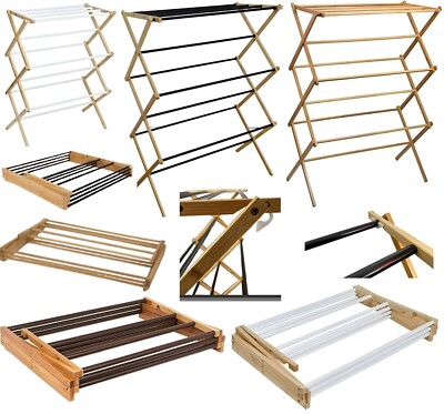 Wooden Cloth Airer Drying Clothes Horse Tier Bamboo Wood Vintage Folding  UK