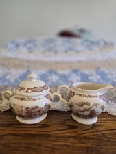 Alfred Meakin Fair Winds Brown & White Vintage Sugar & Creamer Made In England