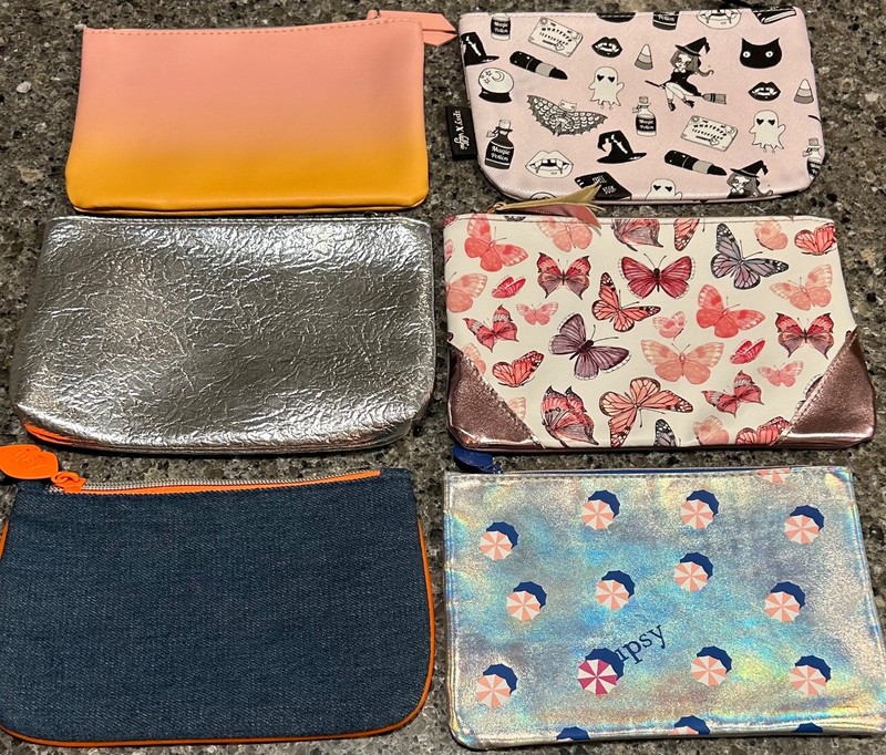 IPSY- Lot of 6 unused makeup/cosmetic bags. Butterflies, Halloween, silver.