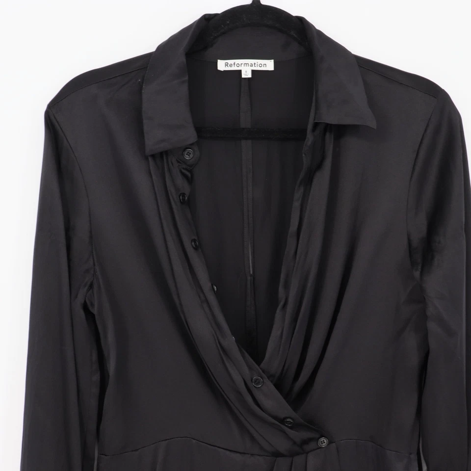 Reformation Alaine Black Silk Mini Dress Women's Size 6 Long Sleeve Collared - Image 3 of 4