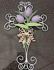 Vintage Metal Wall Cross 16"x11" White Scrollwork w/ Purple Tulip Flowers