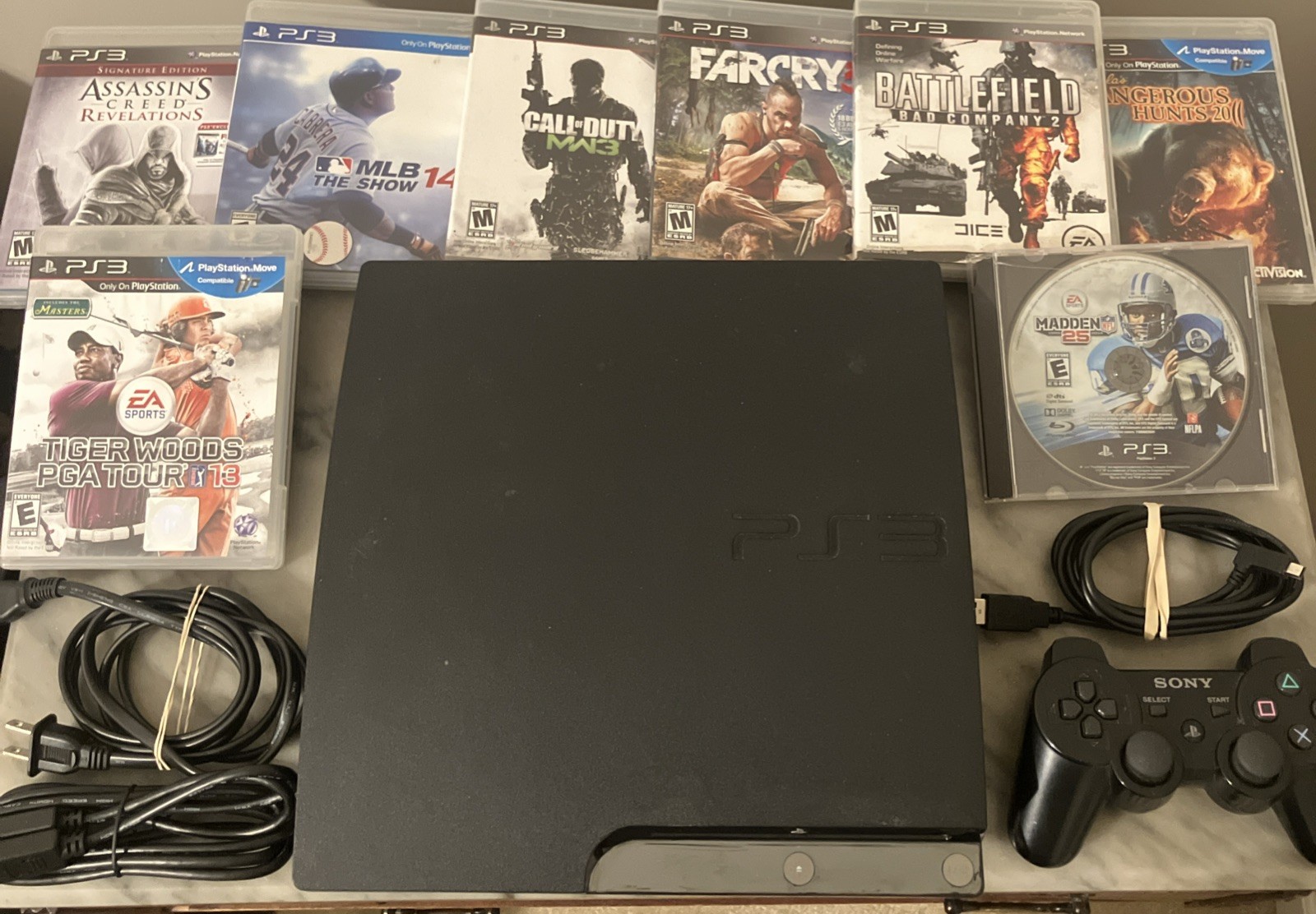 Sony PlayStation 3 Console 160GB PS3 Slim + Controller + 8 Games + Cords Tested