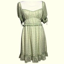 Lush Sage Green Cottagecore Ditsy Floral Puff Sleeve Smocked Mini Dress Small