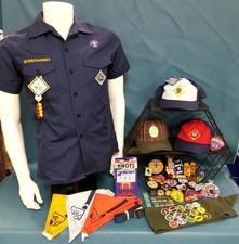 Mixed Lot Boy Scouts Uniforms Hats Sashes Patches Webelos Bear Wolf  More