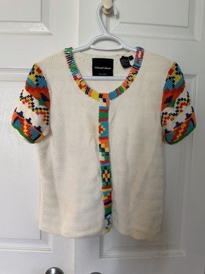 Michael Simon Cream Knit Top with Multicolor Beaded Trim