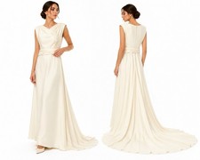 vintage ivory WEDDING DRESS medium draped pearl applique chapel train bridal