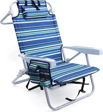 Beach Chair Heavy Duty Folding Recliner with Backpack Straps Cooler Pouch 300LB