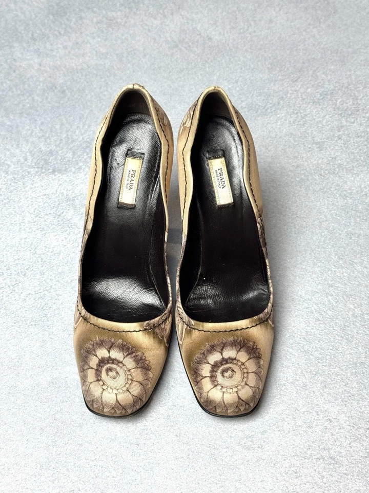 Rare Vintage Prada Sculptural High Heels Floral Pumps Satin Leather Baroque Size - Image 3 of 4