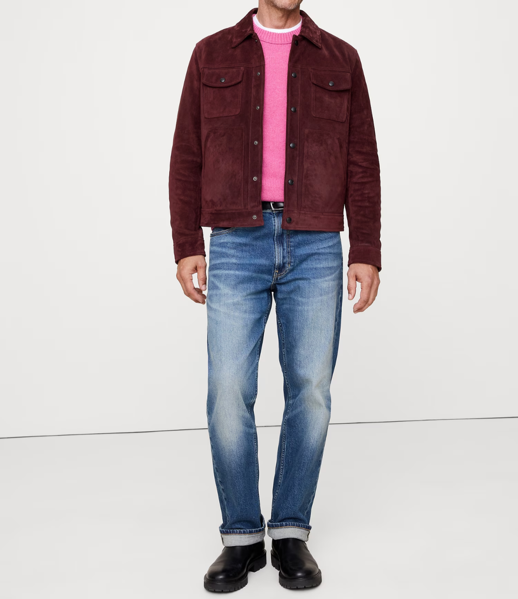 Leather Trucker Jacket for Men Burgundy Pure Suede Size S M L XXL