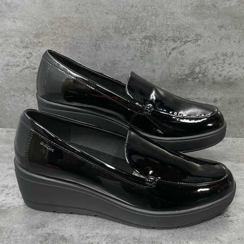 Geox Respira italienische Damen-Loafer schwarze Lackleder-Slipper Größe UK 7 Keilabsatz - Bild 1 von 20
