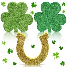 3 Pcs St. Patrick's Day Decorations Shamrock Wooden Table Signs Glitter Green