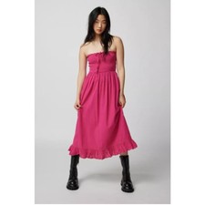 Urban Outfitters Penny Smocked Midi Dress Strapless Dark Pink Ruffle Cotton M