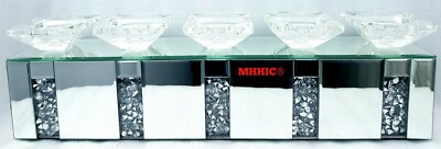 Funkelnder 5 Stumpen Tafelkerzenhalter Silber verspiegelt Diamant Crush Kristall