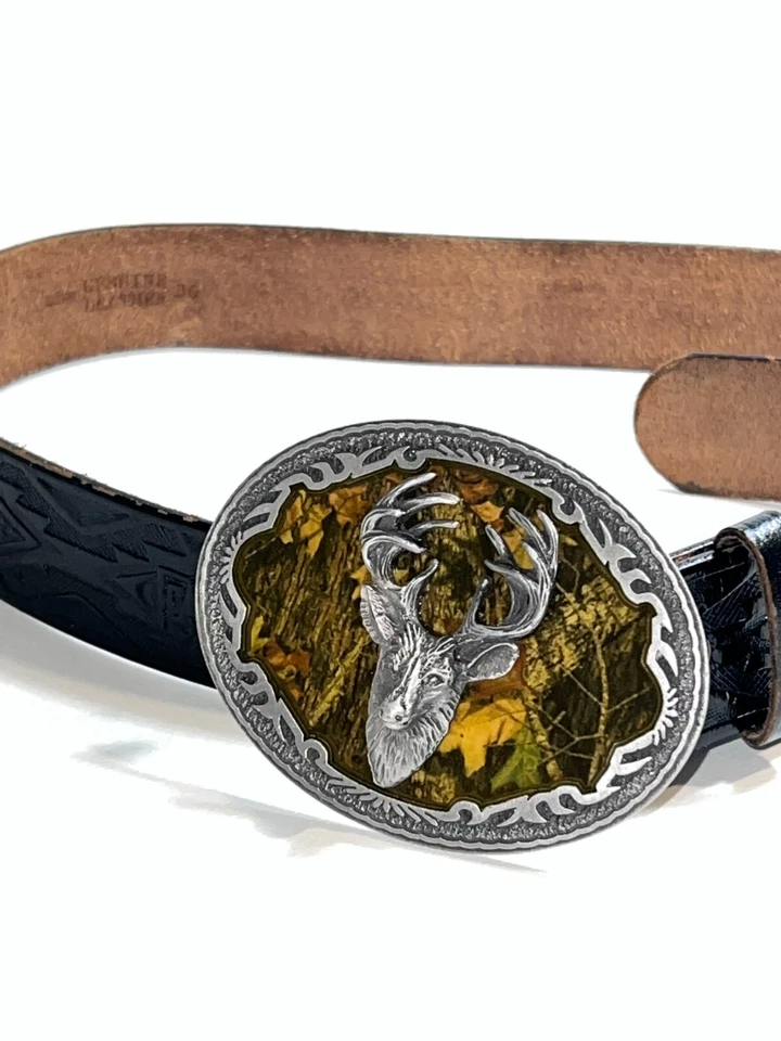 CINTURÓN Y HEBILLA DE CUERO DE CIERVO ROBLE MUSSY BREAKUP EMI 2006 BBMO 36" LX1.5"W de colección Foto 3 de 4