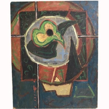 American Mid 20th Century MODERN ABSTRACT STILL LIFE Oil on Masonite Monogrammed