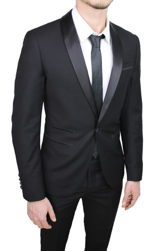 ELEGANTE ABITO UOMO NERO IN RASO LUCIDO COMPLETO SMOKING SLIM FIT ADERENTE  | eBay