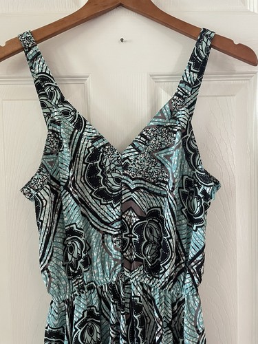 H&M Stunning Sleeveless Handkerchief Paisley Floral Dress Teal Blk & Taupe Sz 4 - Picture 2 of 9