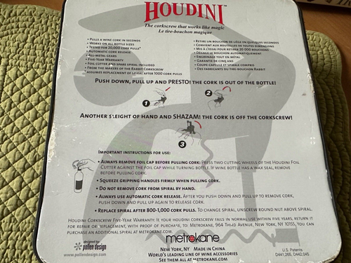 Houdini Lever Corkscrew SilverWine Bottle Opener Foil Cutter Case - Picture 2 of 2