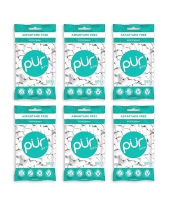 PUR Xylitol Chewing Gum WINTERGREEN (55 Pieces, 6 Pack) Sugarless Vegan Pure