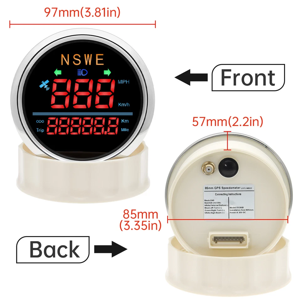 Velocímetro GPS retroiluminación roja 85 mm MPH KM/H calibre para motocicletas barco coche camión Foto 2 de 4