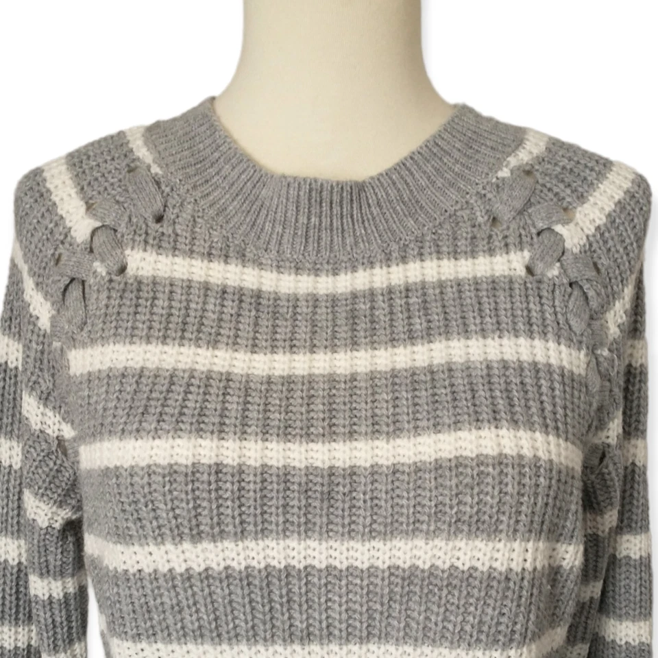 SO Fisherman Sweater M Striped Chunky Lace Up Shoulder Cozy Gray White Relaxed - Image 3 of 4
