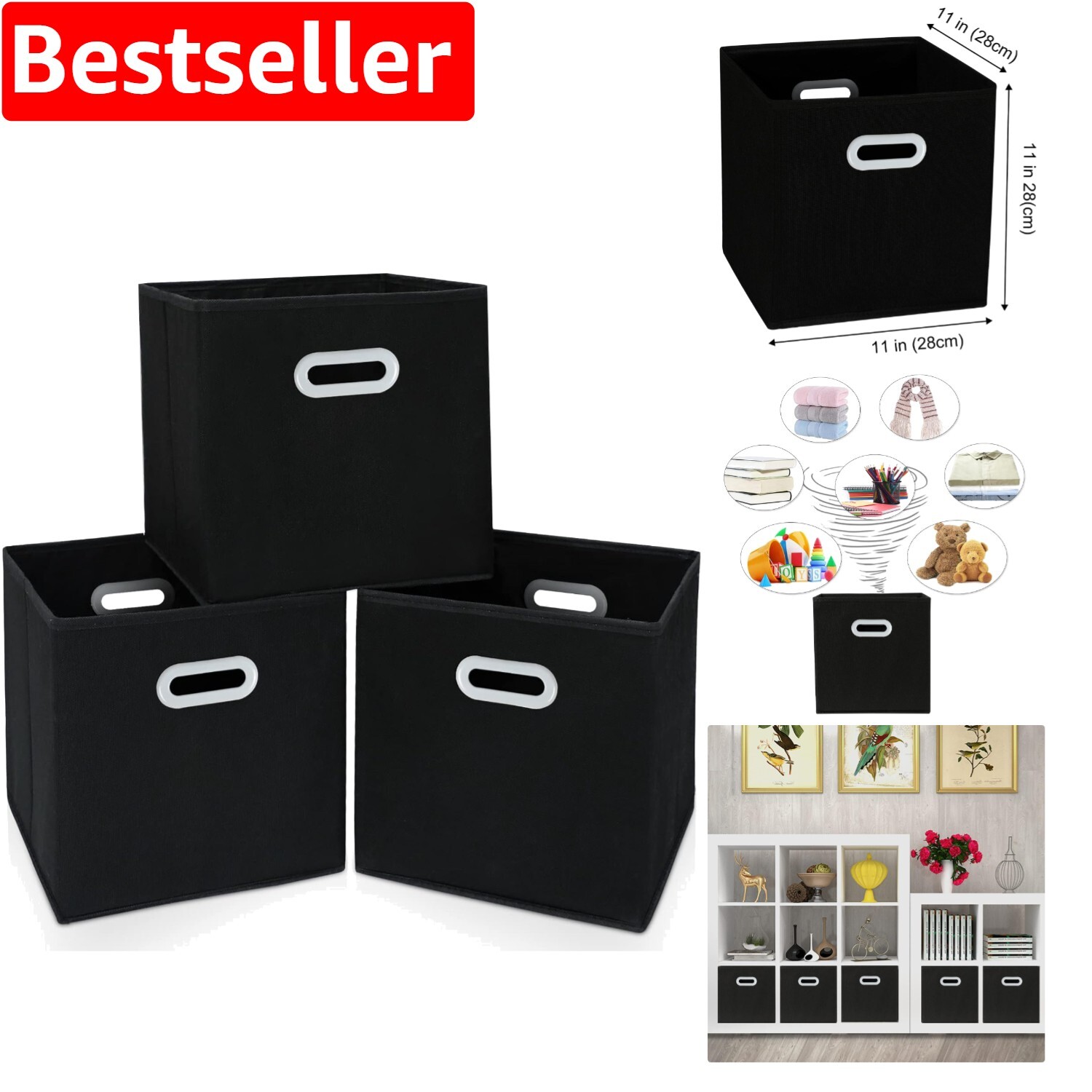 Luxurious Black Fabric Cube Bins - Perfect for Organizing Your Home - Set of 3