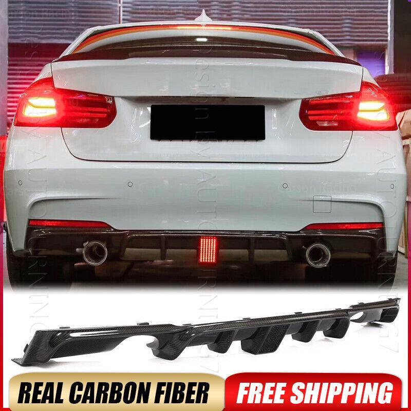 FOR BMW F30 F35 2012-18 REAL CARBON FIBER REAR BUMPER DIFFUSER LIP W/ LED LIGHT