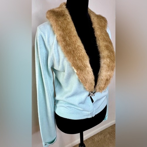 Vintage Spiegel faux fur trim pinup long sleeve cardigan rhinestone detail small - Picture 10 of 11