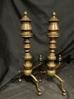 Pair Federal Period Antique 19th Century Brass Bell Top Fireplace Andirons
