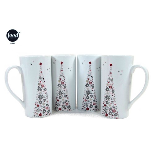 Food Network HOLIDAY TREE 16oz Tall Latte Mug Set 4P Red Silver Christmas Linzer