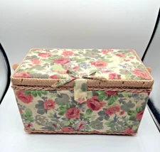 Azar Floral Tapestry Woven Handled Sewing Basket Vintage 11.5x6.5 inches!