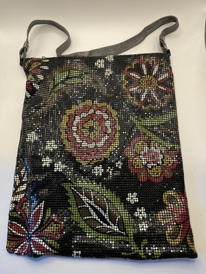Vintage Whiting & Davis Metal Mesh Hobo Bag Deco Flowers Black Floral Multicolor