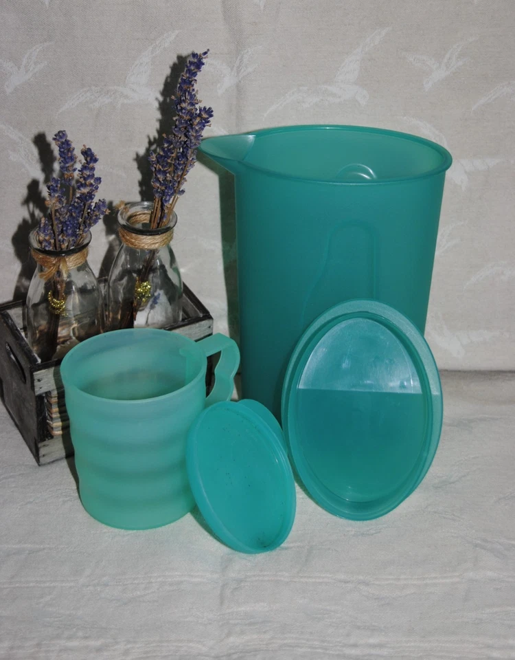 🌟TUPPERWARE Pichet Eau + Gobelet Tasse Mug Broc Cruche Carafe 1 Litre Vintage - Photo 2/4