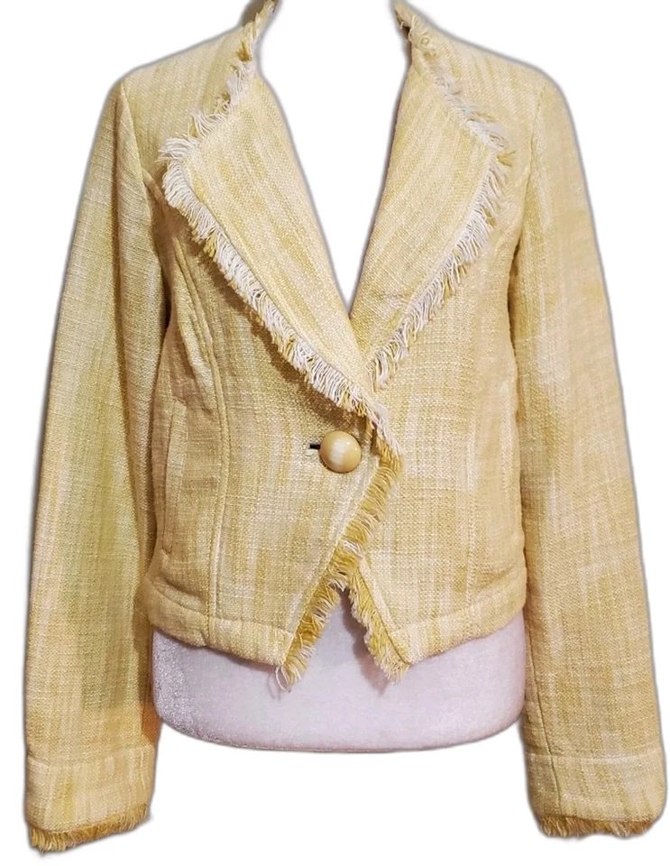 Chaqueta blazer recortada CAbi tweed algodón amarillo blanco tejido crudo deshilachado dobladillo S Foto 2 de 4