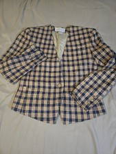 Vintage Carlisle Womens 6 100 Silk Plaid Blazer Beige Blue Black Shoulder Pads