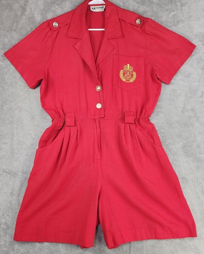 S.L. Fashions Romper Womens Large Red Nautical Button Crest 80s Vintage Jumpsuit