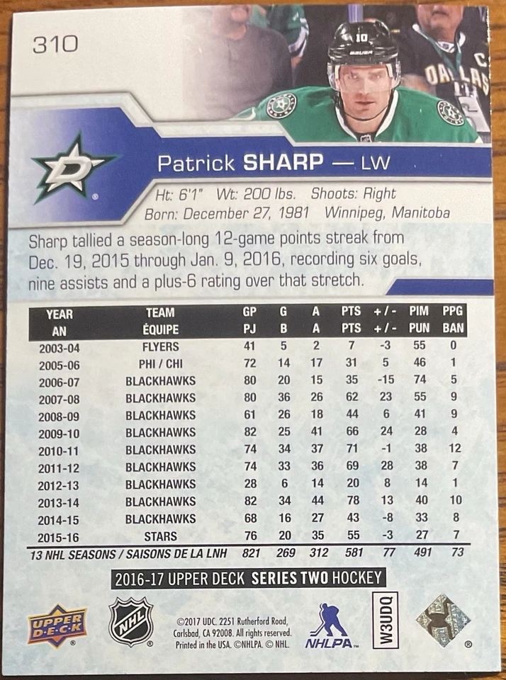 2016-17 Upper Deck Patrick Sharp #310 Dallas Stars - Image 2 of 2