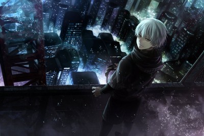 Playmat Desk Mat Anime kaneki ken white hair city looking over shoulder Play