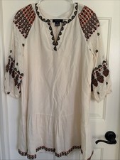 Karen Kane Dress Linen Blend Embroidered Ruffle Hem Women's Medium Petite