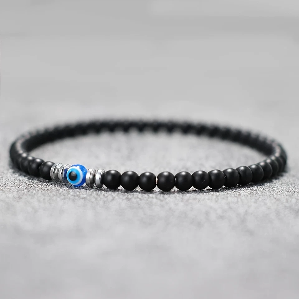Natural Black Tourmaline Evil Eye 4mm Beads Empath Protection Stretch Bracelet - Image 2 of 4